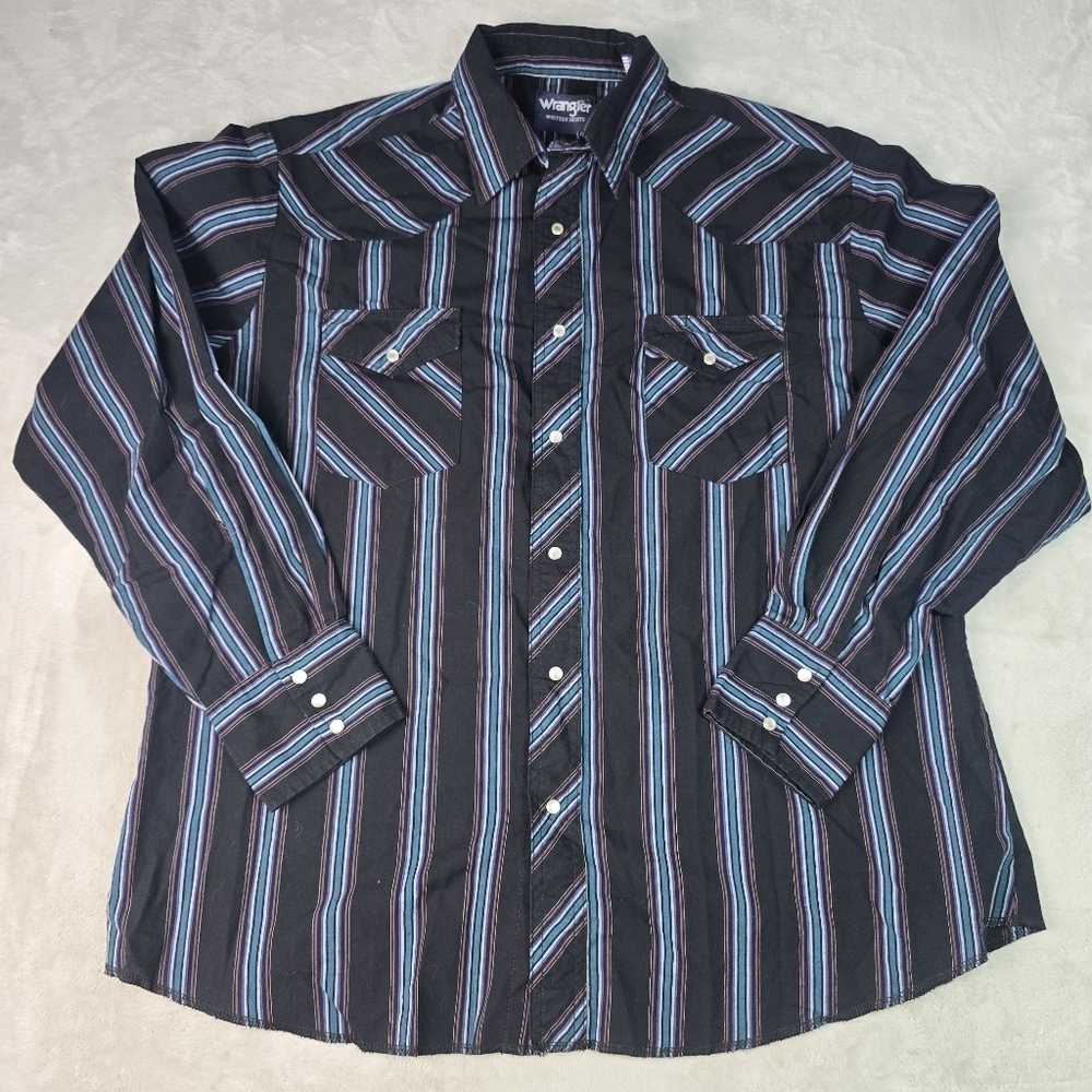 Wrangler Button Up Shirt Mens XL Black Striped Pearl Snap Western Rodeo